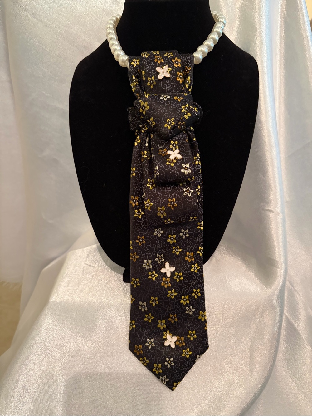 Sean John Black Floral Satin Neck Tie with Gold and White Accents